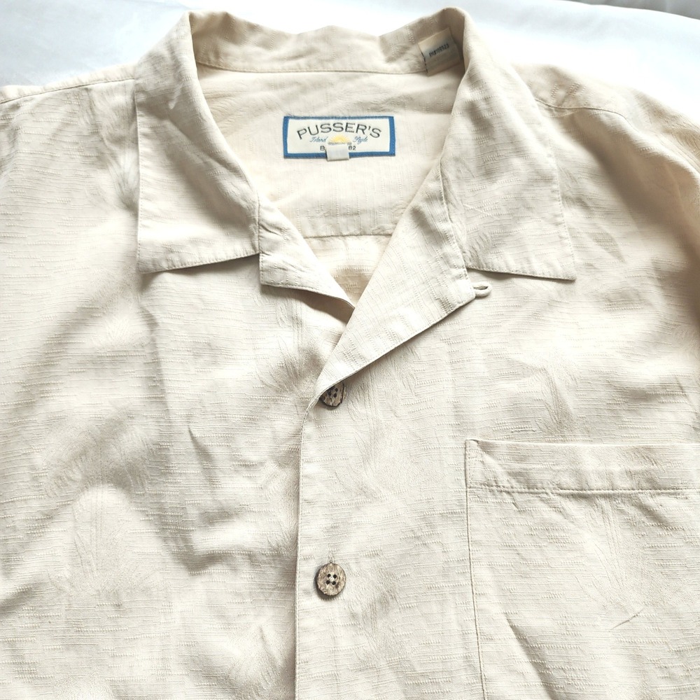 Pussers Island Style Mens XL Silk Cotton Beige Jacquard Button Down Shirt Luxury - Picture 3 of 9